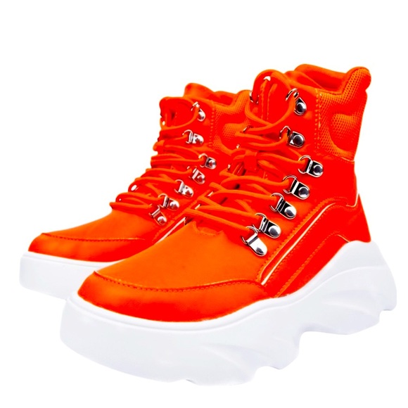 Shoes - Orange Vegan Leather Lace Up Combat Boots